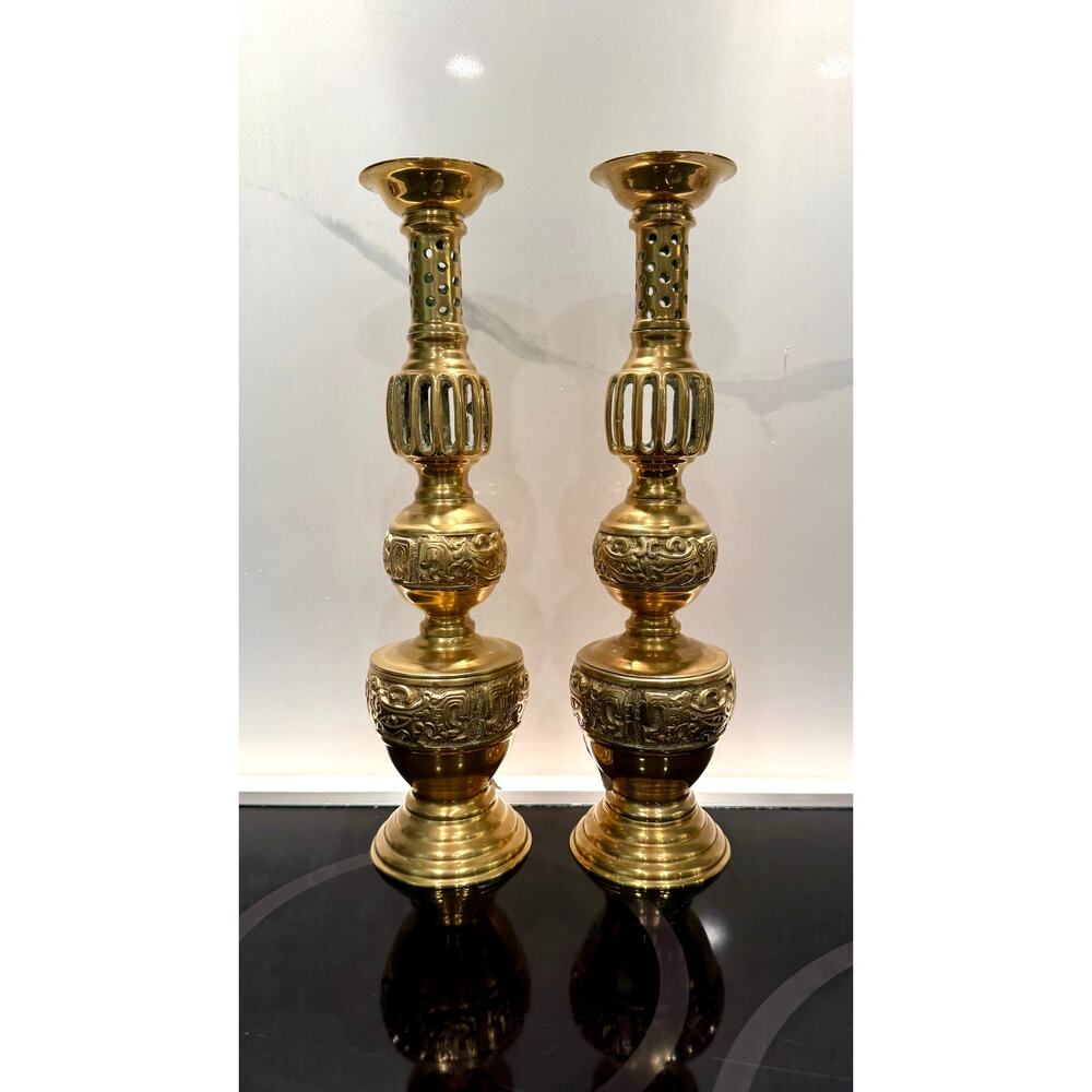 Vintage Hollywood Regency Heavy Brass Candlesticks Greek Key James Mont Style